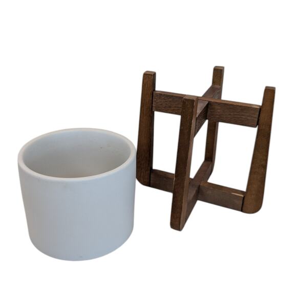 Free Standing Mid Century Style Wooden Plant Stand White Ceramic Round Pot - Picture 5 of 11